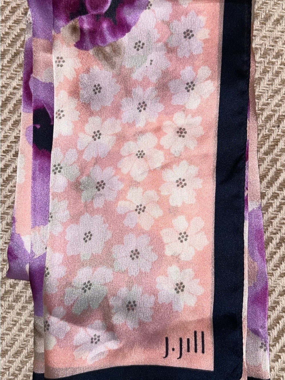 J. Jill Pink and Purple Floral Silk-Feel Scarf with Navy Trim